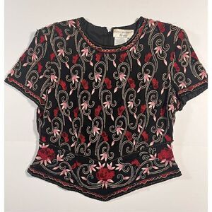 Papell Boutique Evening Black 100% Silk Floral Beaded Top Size Large Petite EUC